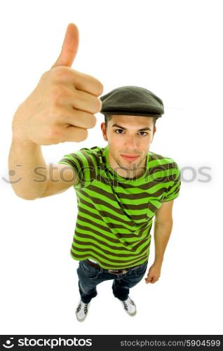 young casual man portrait going thumb up