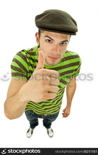 young casual man portrait going thumb up