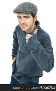 young casual man portrait going thumb up, in a white background