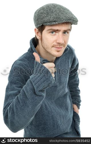 young casual man portrait going thumb up, in a white background
