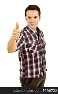 young casual man portrait going thumb up in a white background