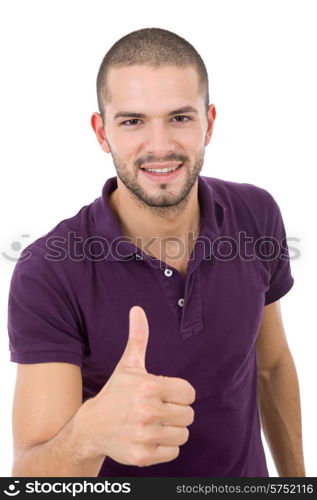 young casual man portrait going thumb up, isolated