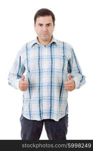 young casual man portrait going thumbs up