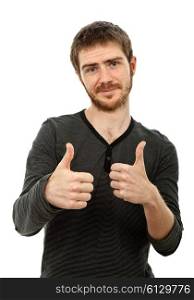 young casual man portrait going thumbs up