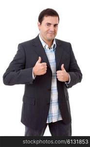 young casual man portrait going thumbs up, isolated
