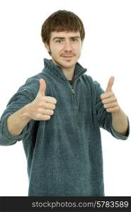 young casual man portrait in a white background going thumbs up