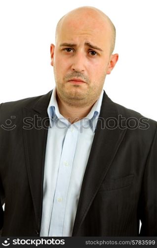 young casual man portrait looking sad, isolated on white