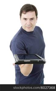young casual man showing a digital tablet, isolated