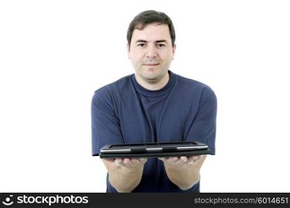 young casual man showing with a tablet, isolated