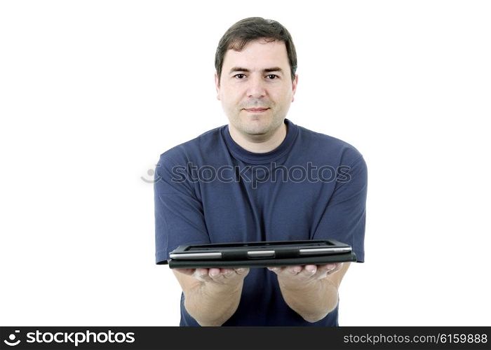 young casual man showing with a tablet, isolated