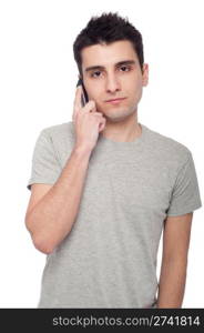 young casual man talking on the phone isolated on white background