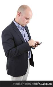 young casual man texting at the phone, isolated