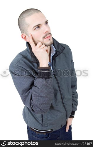 young casual man thinking, isolated on white