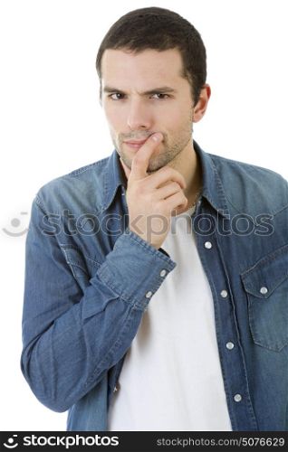 young casual man thinking, isolated on white