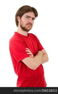 young casual man thinking, isolated on white