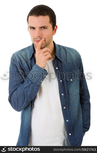 young casual man thinking, isolated on white