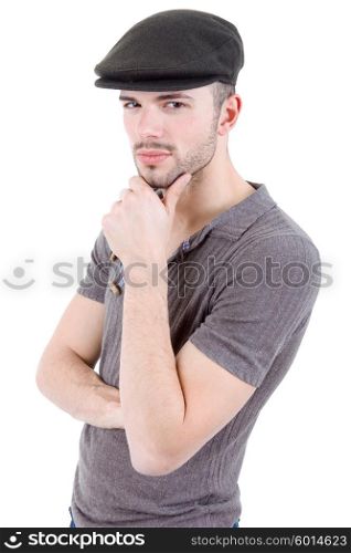 young casual man thinking, isolated on white