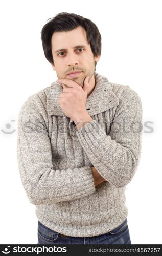 young casual man thinking, isolated on white background