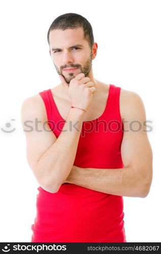 young casual man thinking, isolated on white background