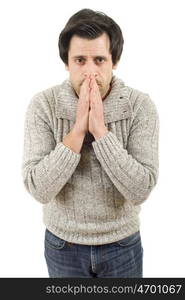 young casual man thinking, isolated on white background