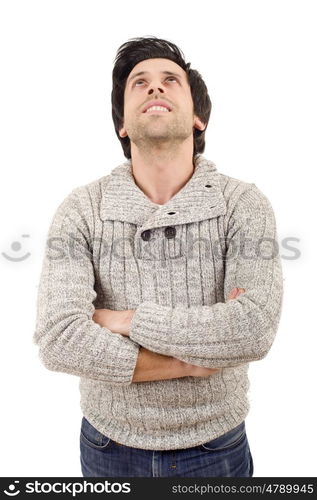 young casual man thinking, isolated on white background