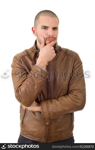 young casual man thinking, isolated on white background