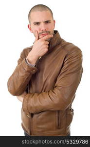 young casual man thinking, isolated on white background