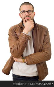 young casual man thinking, isolated on white background