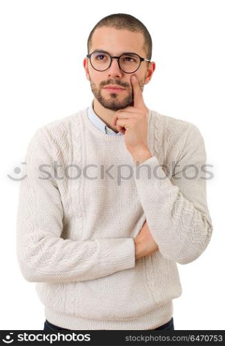 young casual man thinking, isolated on white background. thinking