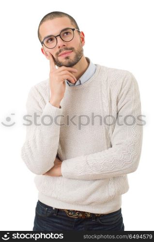 young casual man thinking, isolated on white background. thinking