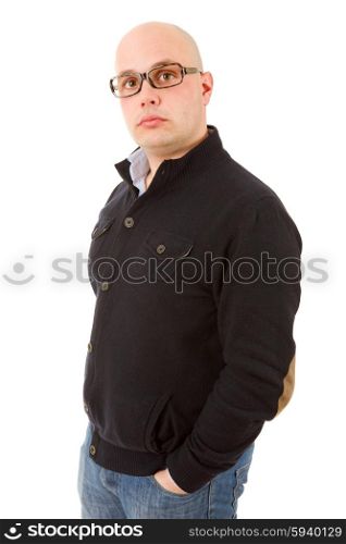 young casual man thinking, isolated on white backgroung