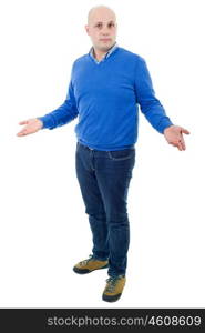 young casual man waiting full body in a white background