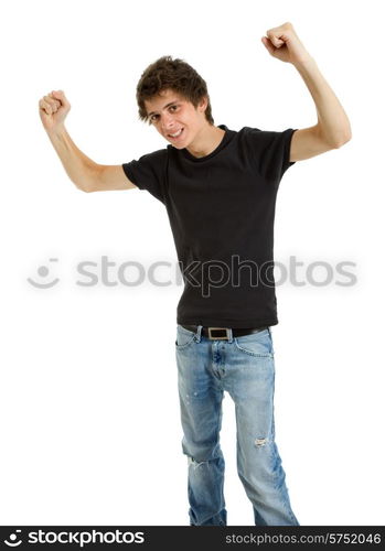 young casual man winning, isolated on white