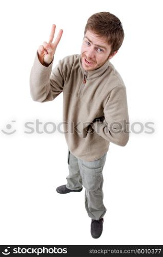 young casual man winning, isolated on white
