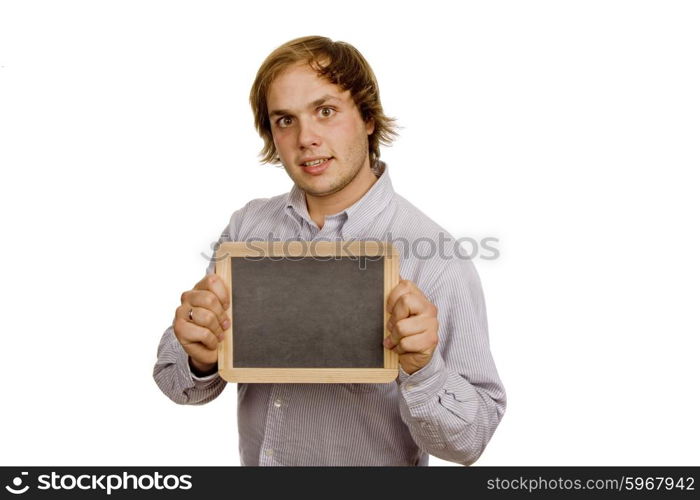 young casual man with a blackboard, isolates on white