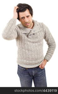 young casual man with a headache, isolated on white