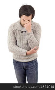 young casual man with a headache, isolated on white