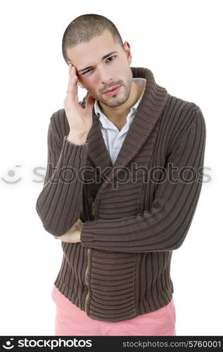 young casual man with a headache, isolated on white