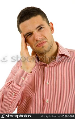 young casual man with a headache, isolated on white