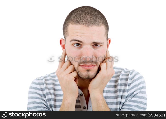 young casual man with a headache, isolated on white