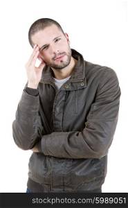 young casual man with a headache, isolated on white