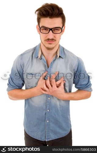 young casual man with a pain on his chest, isolated on white background