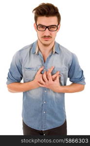 young casual man with a pain on his chest, isolated on white background