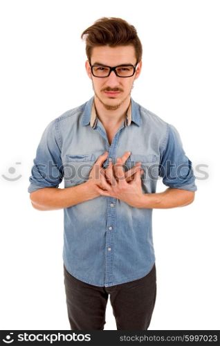 young casual man with a pain on his chest, isolated on white background