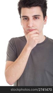 young casual man with a pensive expression isolated on white background