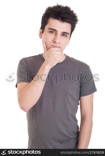 young casual man with a pensive expression isolated on white background
