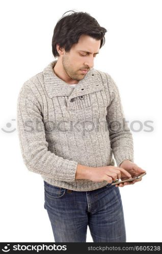 young casual man with a phone, isolated