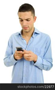 young casual man with a phone, isolated on white