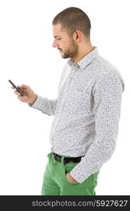 young casual man with a phone, texting, isolated