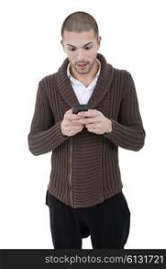 young casual man with a phone, texting, isolated